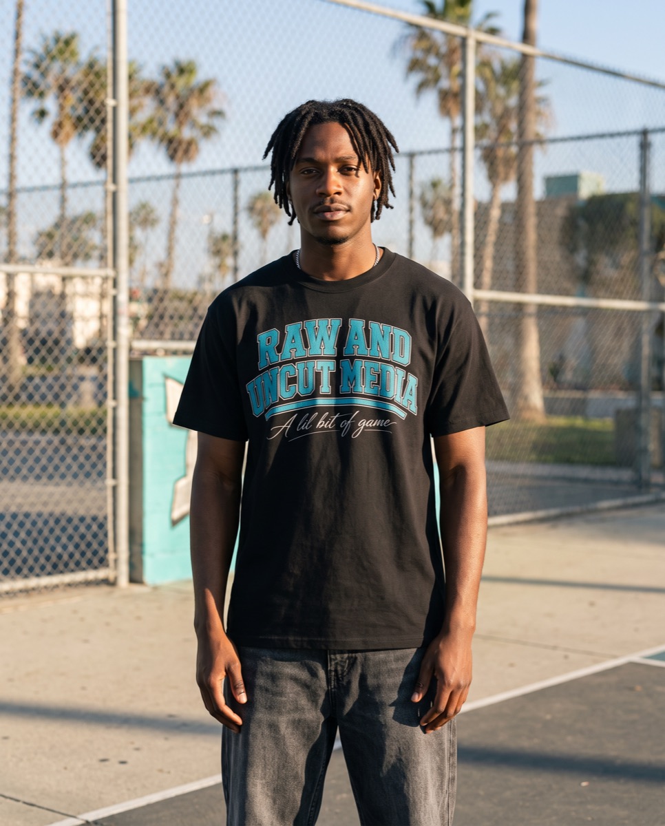 Model wearing the raw graphic tee