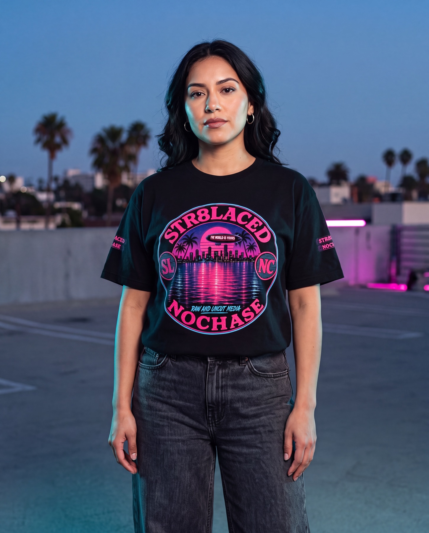 Model wearing the world graphic tee